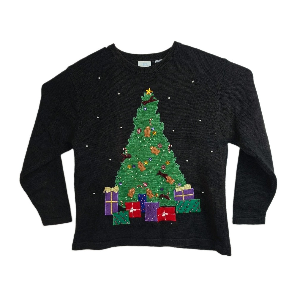 Vintage Bobbie Brooks Christmas Sweater Womens XL Black Tree Beaded 90s Holiday